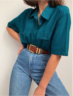 Teal Button Up Shirt Outfit, Cali Outfits, Jean Button Up Shirt, Vintage Ocean, Dressy Casual Outfits, Silk Button Up, Styling Inspiration, Teacher Outfits, School Fits