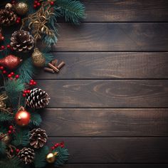 pine cones and christmas decorations on a dark wooden background with space for text or image