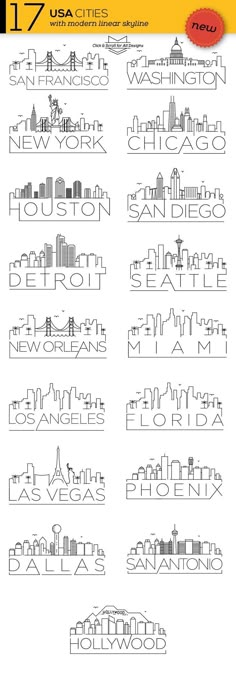 the city skylines are outlined in black and white