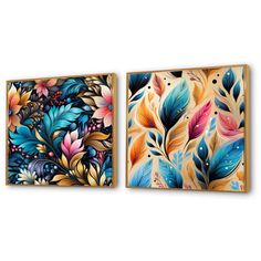 two paintings on the wall with colorful flowers and leaves painted on them, one is blue