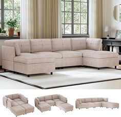 a living room scene with focus on the sectional sofa and ottoman, along with other furniture