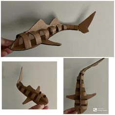 an origami fish made out of cardboard is shown in three different angles, including the tail and fin