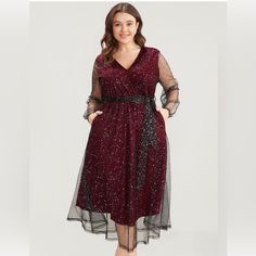 This Is Just Gorgeous. Maroon And White Dotted Dress.See Listing For Details. Feel Free To Ask Questions. Plus Size Midi Dresses, Bloomchic Dresses, Burgundy Midi Dress, Split Hem Dress, Flutter Dress, Shirred Dress, Belted Midi Dress, Trendy Dress, Winter Color