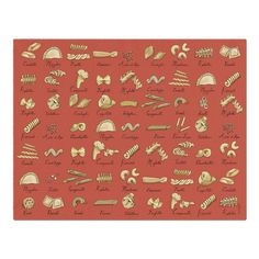 a red area rug with various types of food on the side and words written in gold