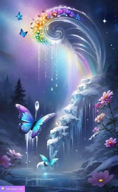 an artistic painting with flowers and butterflies in the night sky above a stream of water