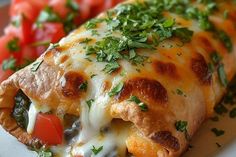 a close up of a piece of pizza on a plate with tomatoes and parsley