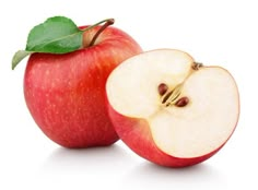 an apple with a green leaf on it and another half eaten apple in the background