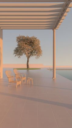 an empty patio with chairs and a tree