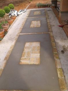 an outdoor area with cement and potted plants