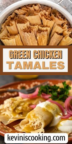 green chicken tamales on a plate with onions and cilantro