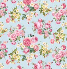 a blue background with pink and white flowers on it's sides, including roses