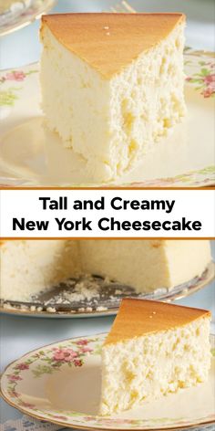 two different views of a piece of cheesecake with the words tall and creamy new york cheesecake