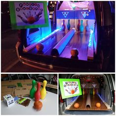 several pictures of bowling pins and bowling balls in the back of a car with lights on