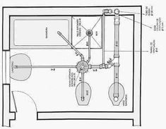 a drawing of a bathroom with plumbing and toilet