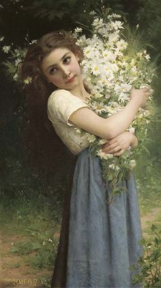 a painting of a woman holding flowers in her hands