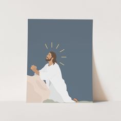 a greeting card with the image of jesus kneeling down and holding his hands up in front of him