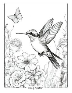 a black and white drawing of a hummingbird flying in the air with flowers around it