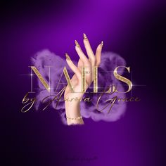 nails by aurora grace on purple background with gold glitters and hand in the air