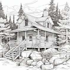 a drawing of a log cabin in the woods with rocks and pine trees around it