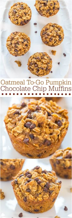 oatmeal chocolate chip muffins on a white plate with text overlay