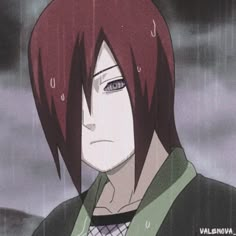 an anime character with red hair standing in the rain