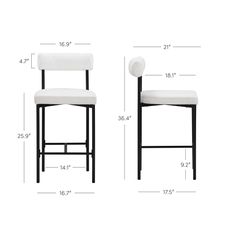 two white chairs with black legs and measurements for each chair, one is upholstered