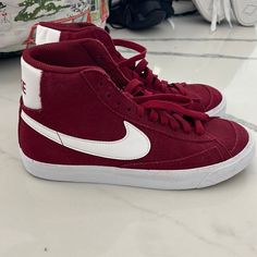 Brand New Nike Burgundy High Top Blazer Sneakers Size 5.5 Unisex! High Top Red Nike, Red Nike High Tops, Casual University Red Lace-up Skate Shoes, Sporty Burgundy High-top Sneakers, Nike Burgundy Sporty Sneakers, Nike Sporty Burgundy Sneakers, Sporty Red Mid-top Canvas Shoes, Nike Sporty High-top Canvas Shoes, University Red High-top Casual Skate Shoes