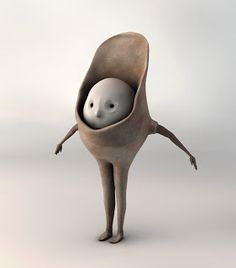 a cartoon character with his arms and legs wrapped around the back of an egg shell