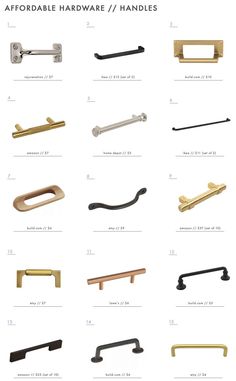 an image of hardware hardware handles and handles in various styles, sizes and colors on a white background