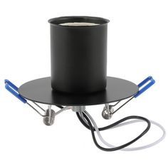 a black cup holder with two blue handles and a white cord attached to the top