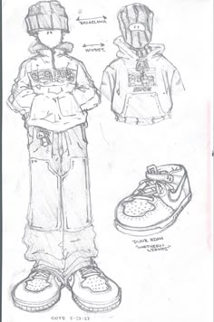 a drawing of a boy with his hands in his pockets and shoes on the ground