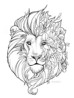 a black and white drawing of a lion's head with flowers on its mane