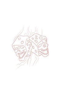 a drawing of two skulls with faces drawn in red and black ink on a white background