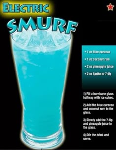 an image of a blue drink with ice on the rim and texting that reads electric smurf