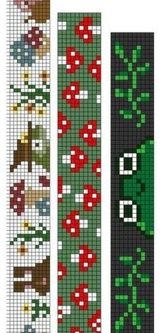 three cross stitch bookmarks with different designs on them, one in green and the other in red