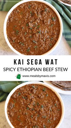 two bowls filled with spicy ethiopian beef stew on top of a green napkin next to bread