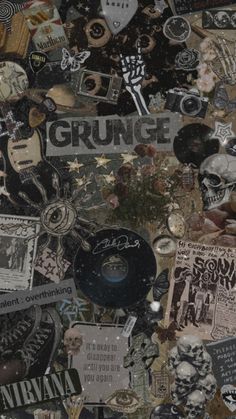 an assortment of stickers and decals on a wall with the word grunge