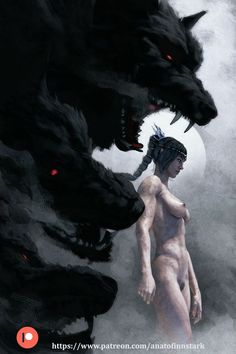 a woman standing in front of two black dragon's with red eyes and fangs on her head