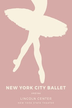 the new york city ballet poster is shown in pink and white, with a silhouette of a ballerina