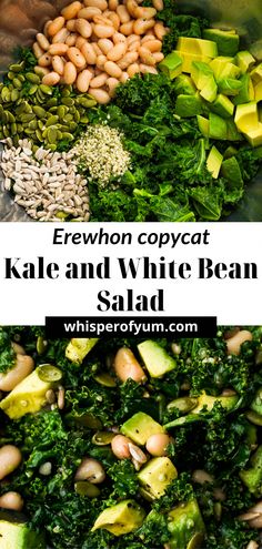 broccoli, kale and white bean salad with text overlay