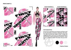 an advertisement for a fashion show with pink and black designs on the front, side, and back sides