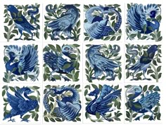 blue and green tiles with birds in the middle, on top of some leaves - like branches