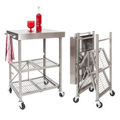 two stainless steel carts with drinks on top and one holding a wine glass in the middle