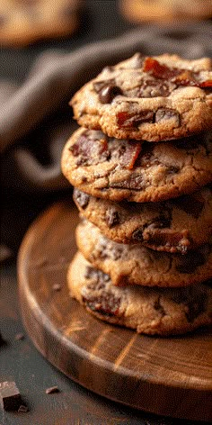 a stack of chocolate chip cookies sitting on top of a wooden board next to pieces of chocolate