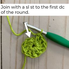 a green crochet hook with an arrow pointing to the end and text that reads join join join join join join join join join join join join join join join join join join join join join