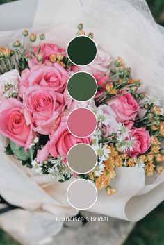 a bouquet of pink roses and greenery arranged in shades of green, brown, white and grey