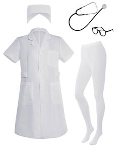 PRICES MAY VARY. COMPLETE NURSE COSTUME FOR WOMEN: This 4 piece nurse costume includes a short sleeve white lab coat, white nurse hat, nurse stethoscope, socks, and glasses. It includes everything you need for your Halloween cosplay party or dress up occasion. QUALITY NURSE COSTUME ACCESSORIES: Our nurse costume for women are made with premium materials, this nurse costume dress outfit set is of great quality. The white women and men Halloween lab coat is thick and durable. ADJUSTABLE WAIST SIZE Doctor Costume Women, Lab Coat Costume, White Nurse Dress, Nurse Halloween Costume, Nurse Outfit, Doctor Coat, White Lab Coat, Doctor Costume, Doctor Outfit