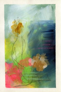 an abstract painting with flowers in the foreground