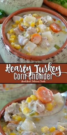 two pictures of soup with chicken, corn and carrots