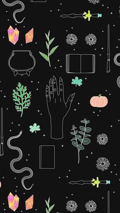 a black background with white and green items on it's sides, including hands, flowers, candles, scissors, and other objects